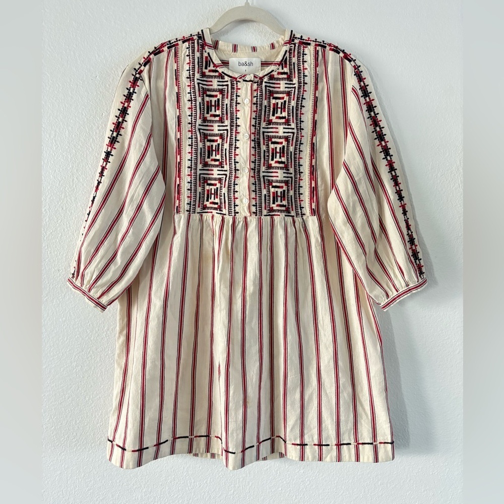 ba&sh Rosa Embroidered Striped Cotton Mini Dress in Ecru Small Minimalist Costal